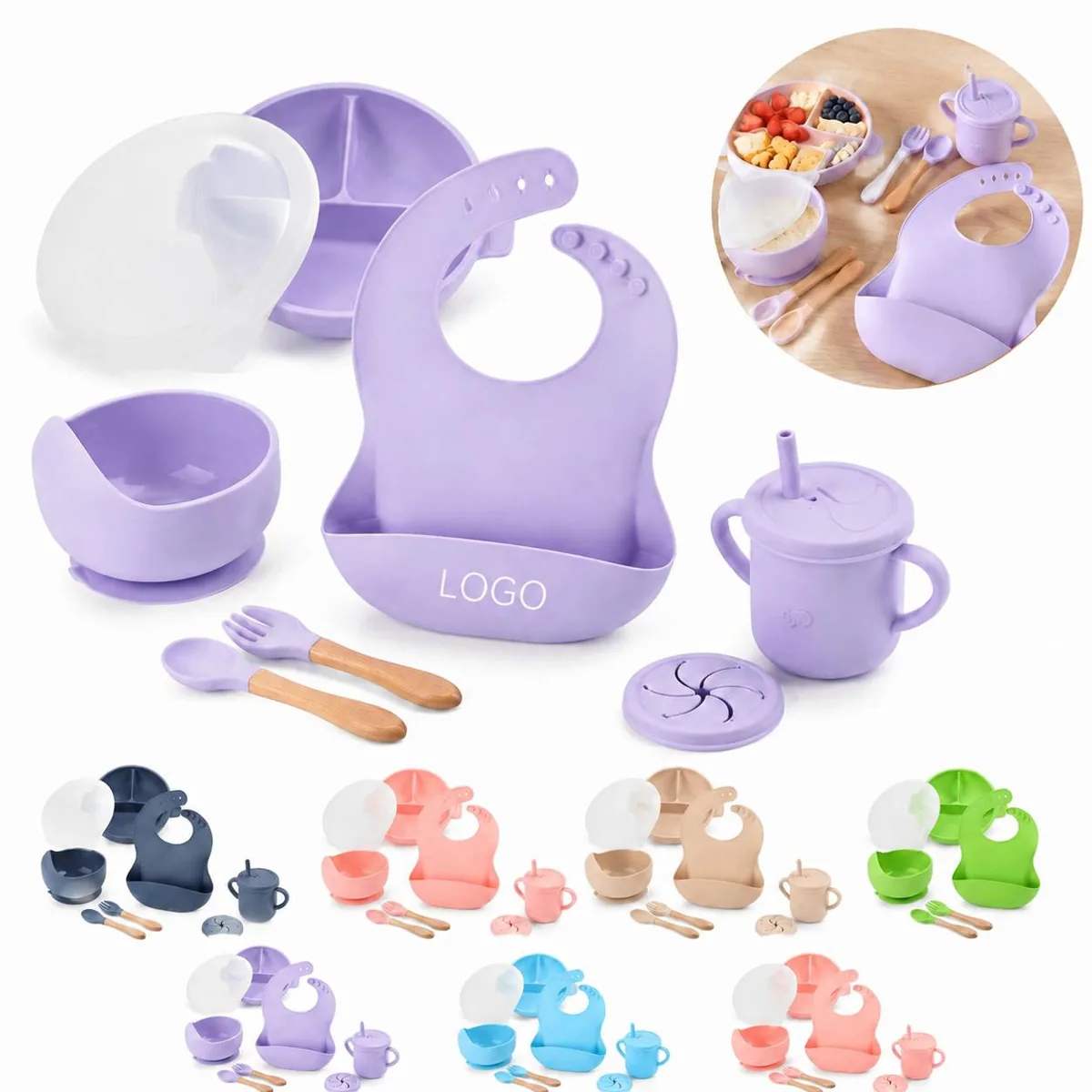 Non-Spill Silicone Baby Feeding Set with Spoon Bowl Cup