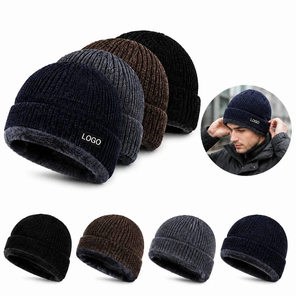 Fleece-Lined Knit Beanie for Cold Weather with Foldable Brim