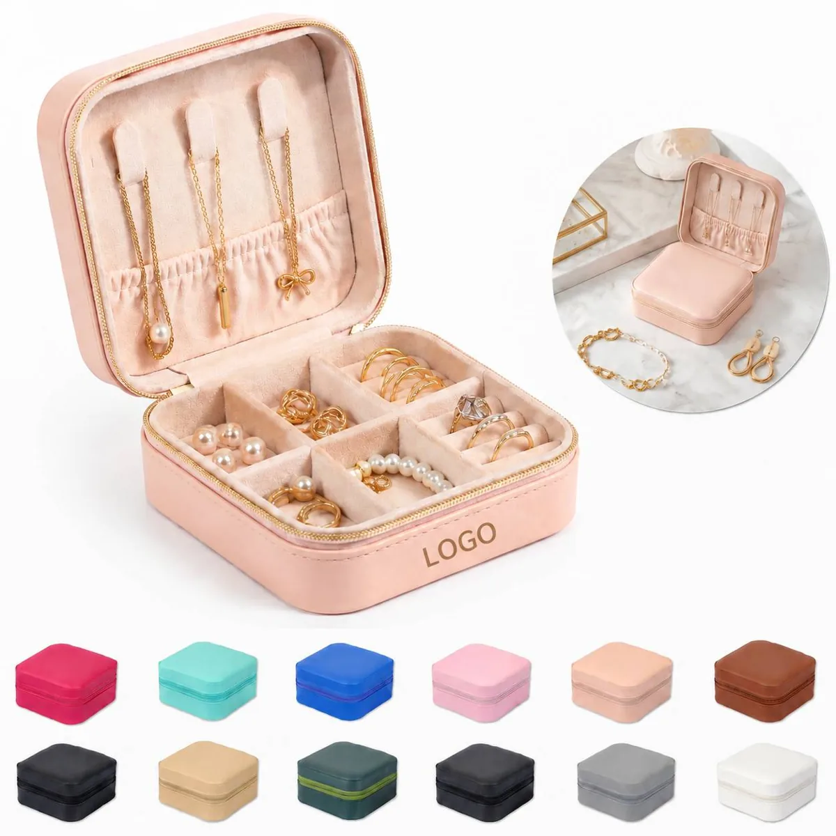 Square Jewelry Storage Box with Soft Lining Compartments