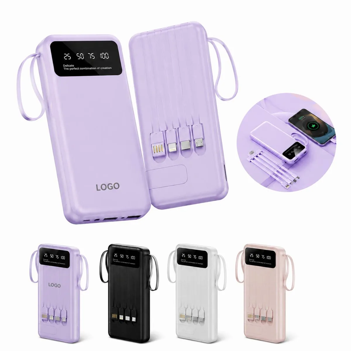 10000mAh Multi-Cable Power Bank with Stand for Phones &