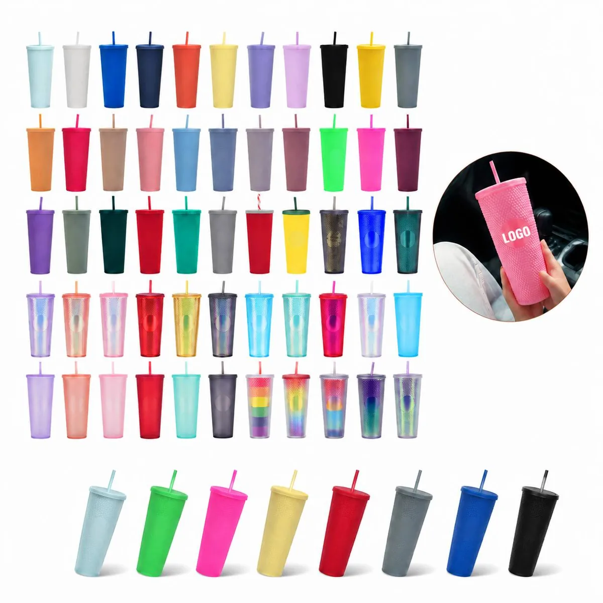 24 oz Studded Plastic Tumbler with Straw and Lid