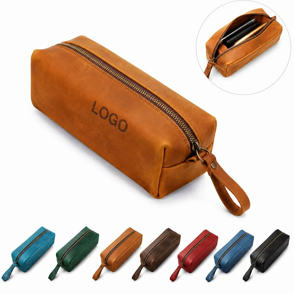 Large Capacity Cowhide Zipper Pencil Case for Pens &