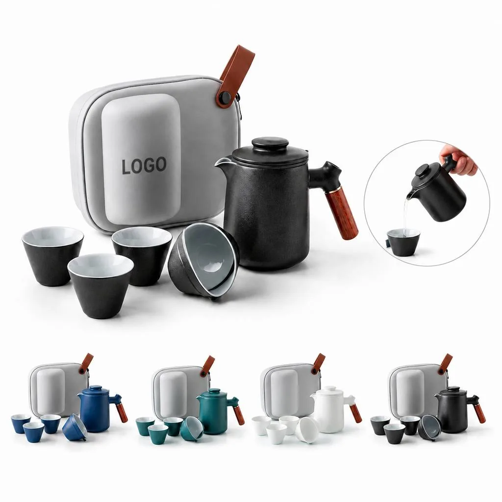 Portable Ceramic Travel Tea Set with Teapot and 4 Cups