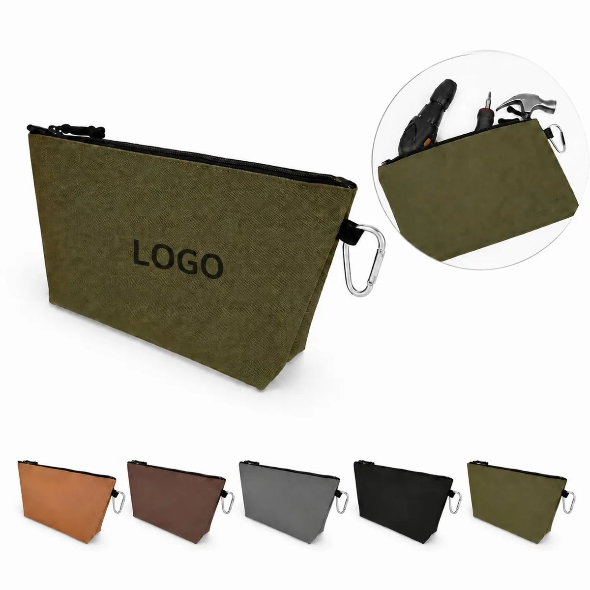 Multi-Purpose Flat Bottom Zipper Tool Bag with Carabiner