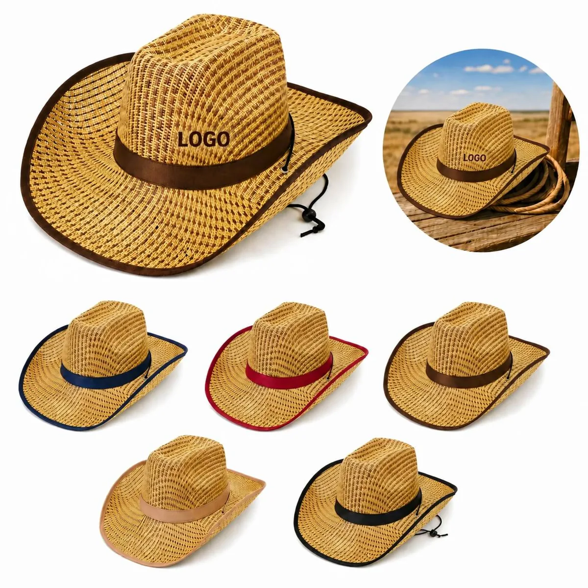 Woven Straw Denim Cowboy Hat with Adjustable Chin Strap