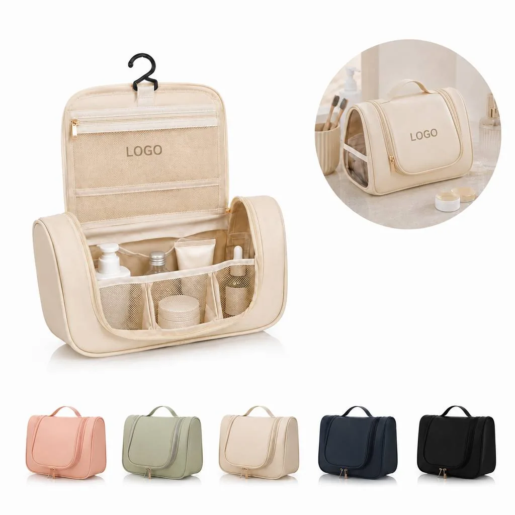Hanging Leather Travel Wash Bag with Hook, Foldable