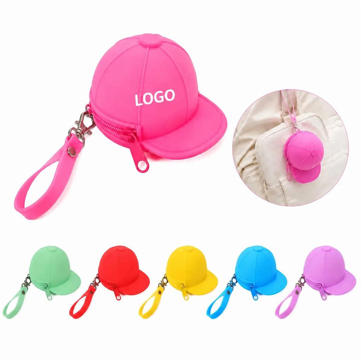 Silicone Baseball Cap Coin Purse with Keychain, Zipper
