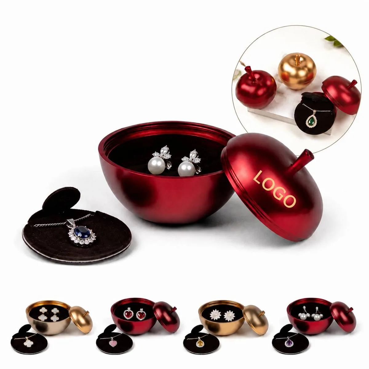 Metal Velvet Apple Jewelry Box with Hinged Lid for Christmas