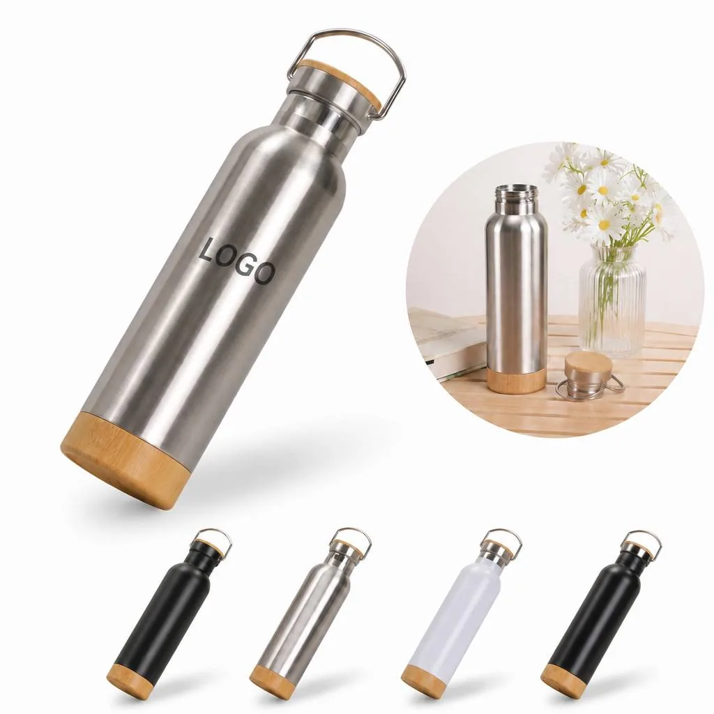25 oz Double Wall Insulated Water Bottle with Bamboo Base