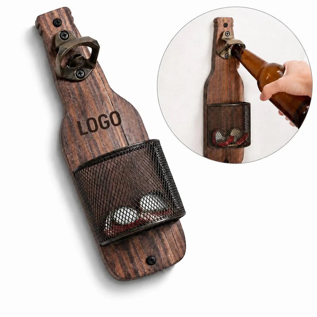 Retro Wooden Wall Bottle Opener with Cap Catcher