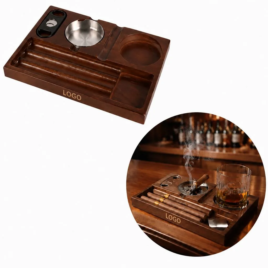 Multifunctional Wooden Cigar Ashtray with Deep Grooves