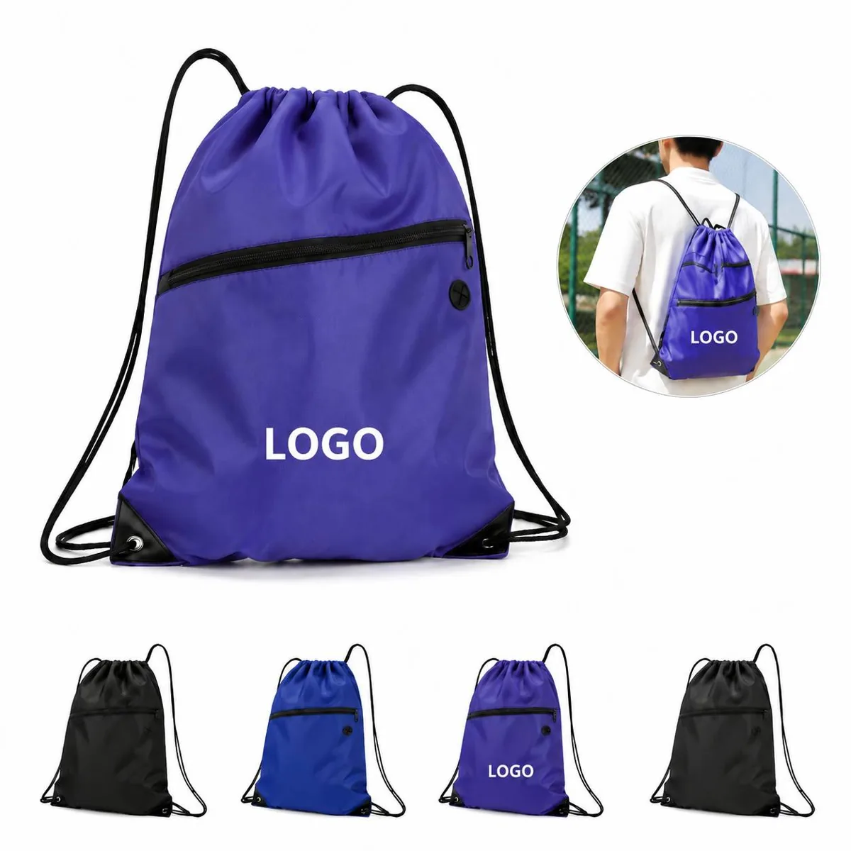 Drawstring Backpack with Front Zipper Pocket, Lightweight
