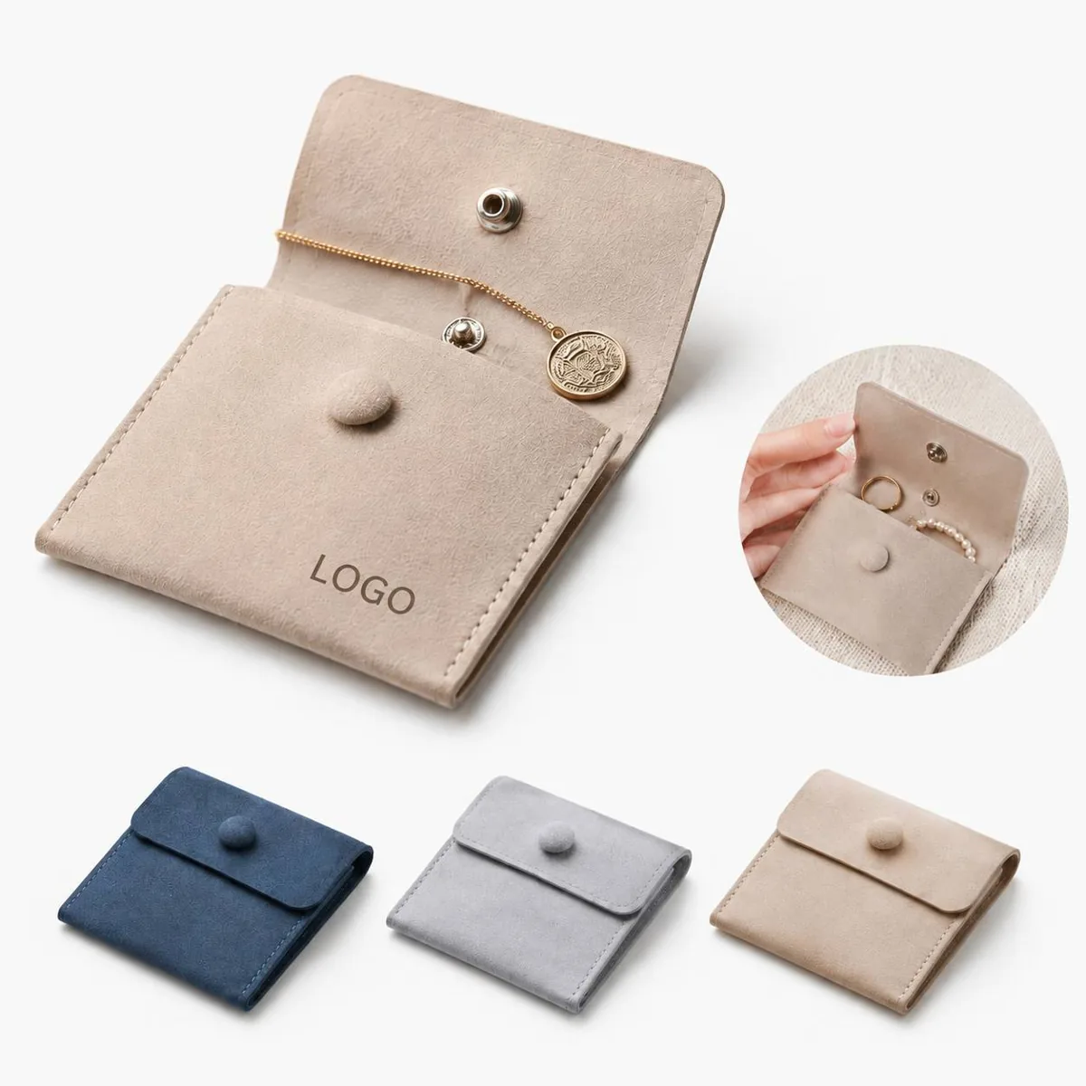 Microfiber Snap Jewelry Pouch with Flap Cover for Travel