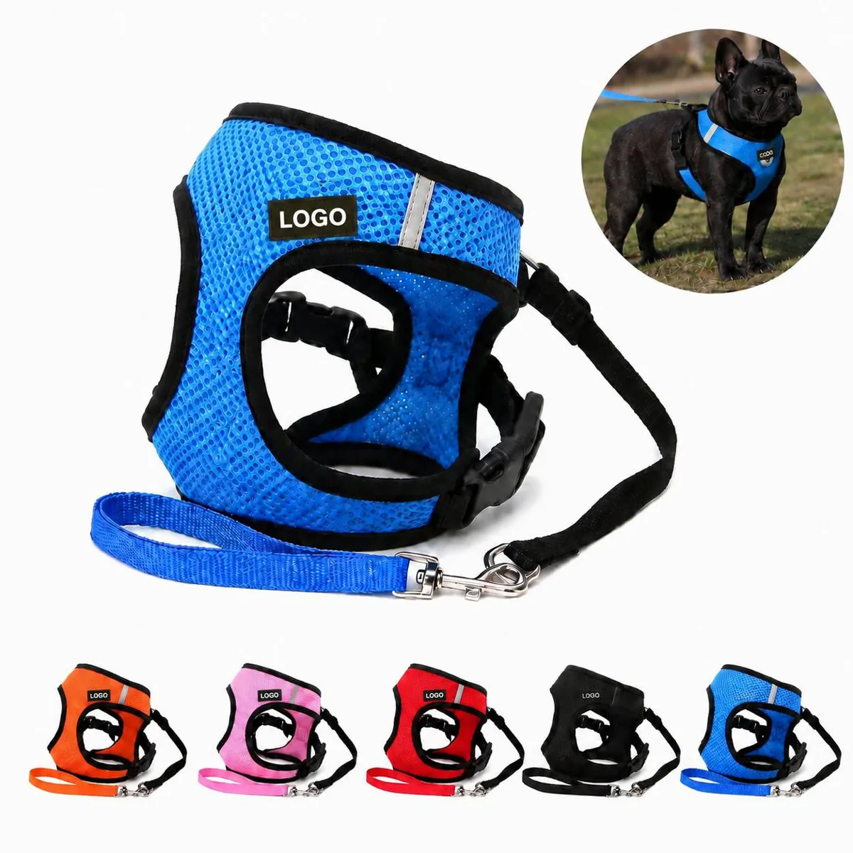 Breathable Mesh Pet Harness Set with Reflective Strips and More