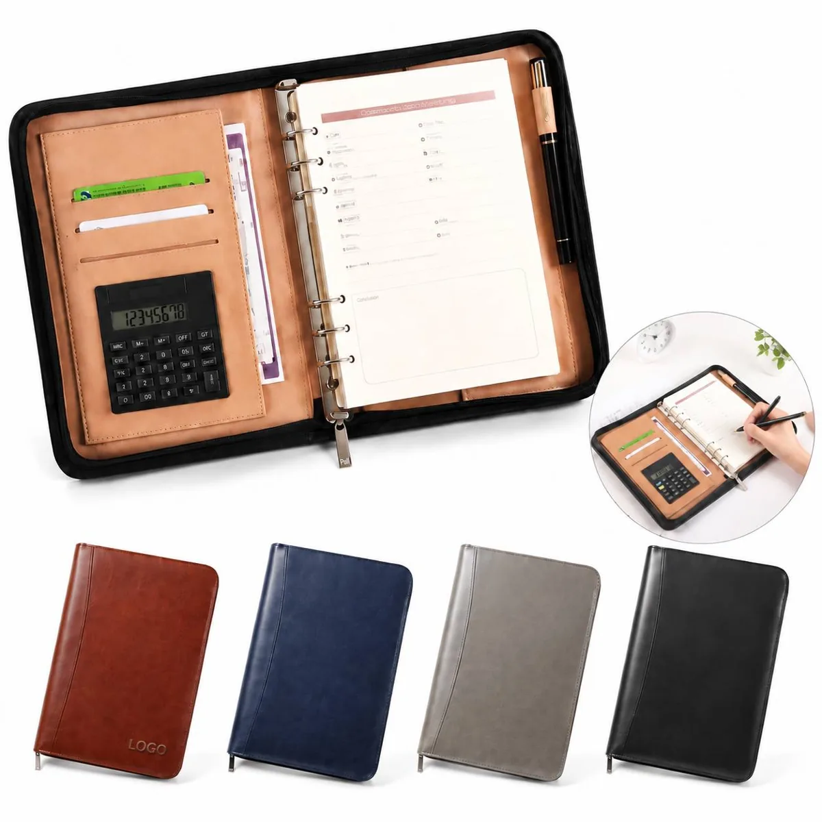 A5 PU Leather Zippered Padfolio Business Resume Folder