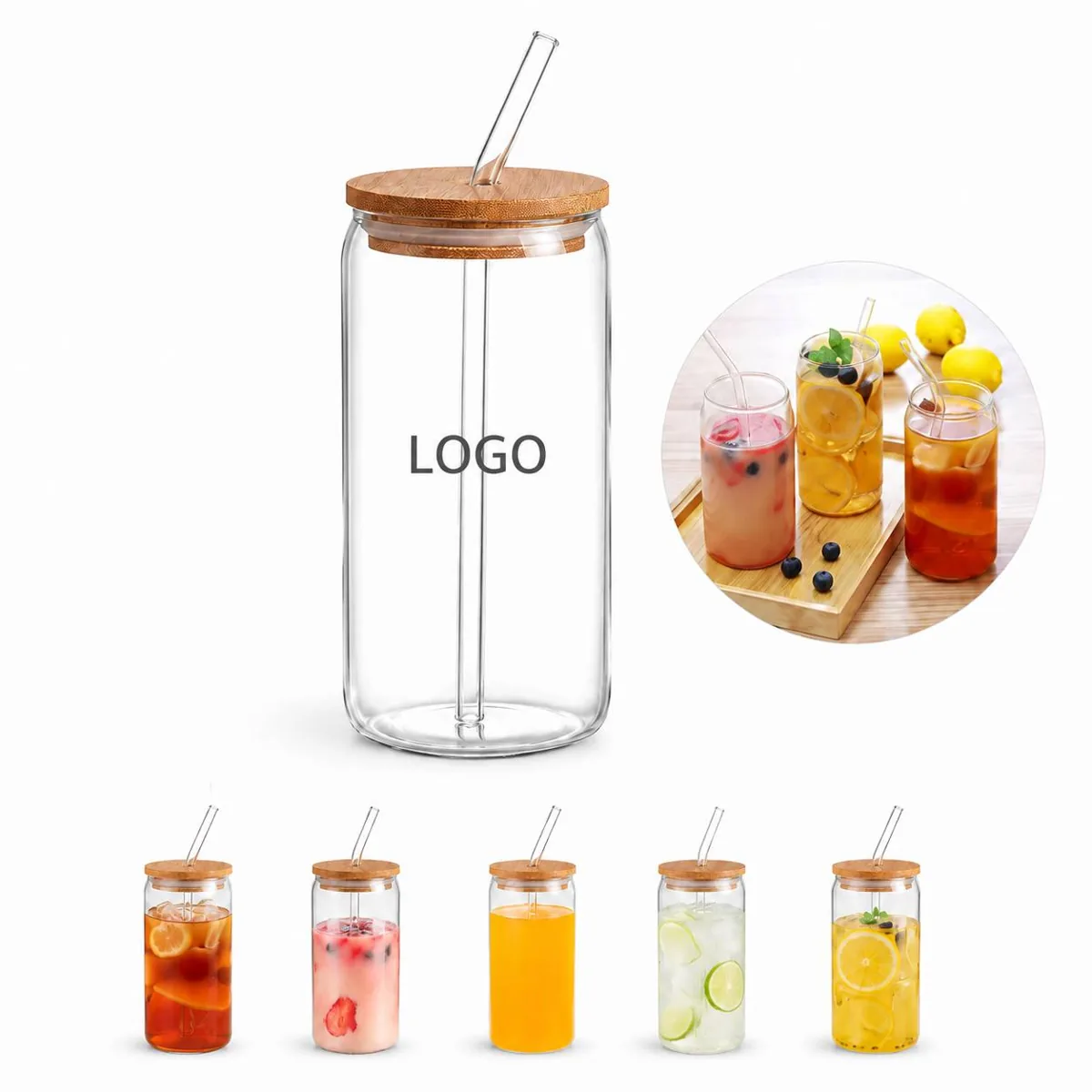 16 oz Glass Cups with Bamboo Lids & Straws for Beverages