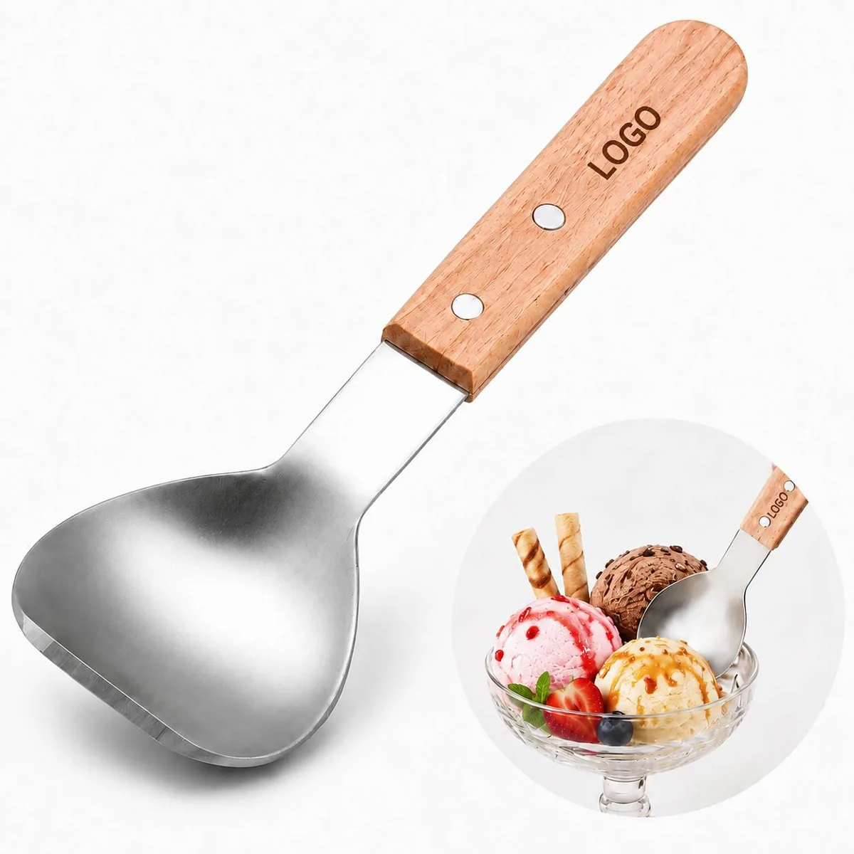 Sturdy Ice Cream Scoop with Wooden Handle, Stainless Steel