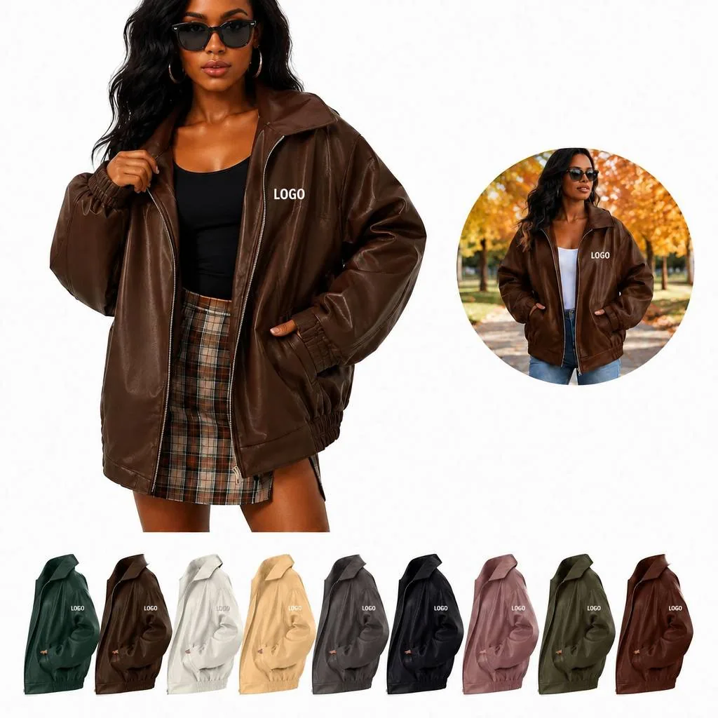 Womens Oversized Faux Leather Jacket with Full Zip, XXL