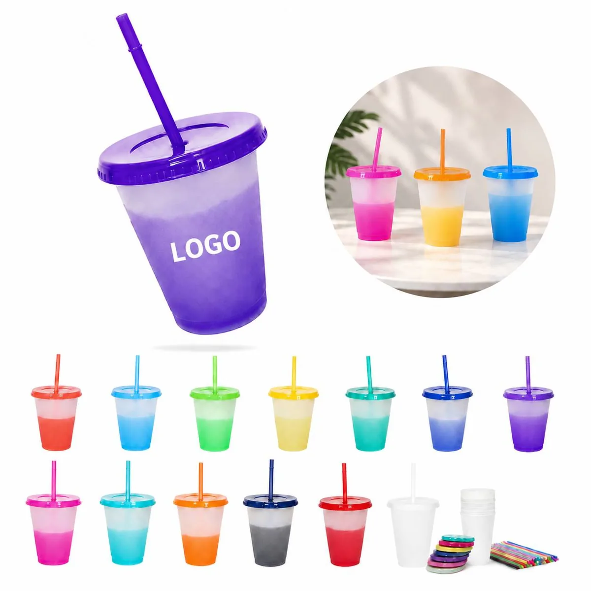 Color-Changing 16oz Reusable Cup with Lid and Straw