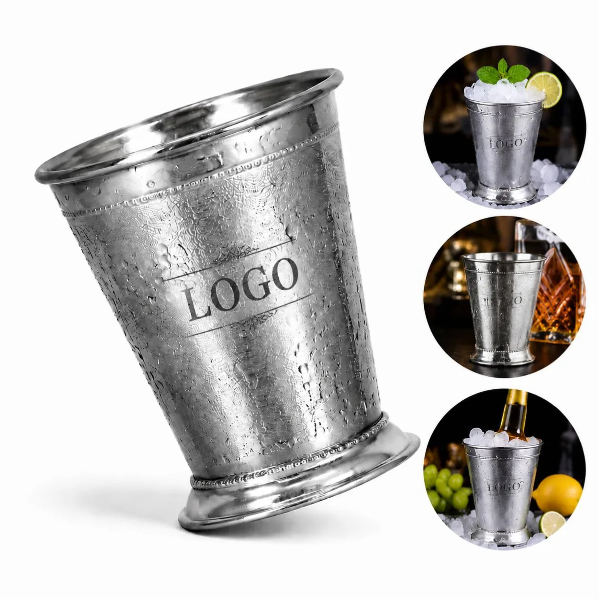 Polished Stainless Steel Mint Julep Cups with Beaded Trim