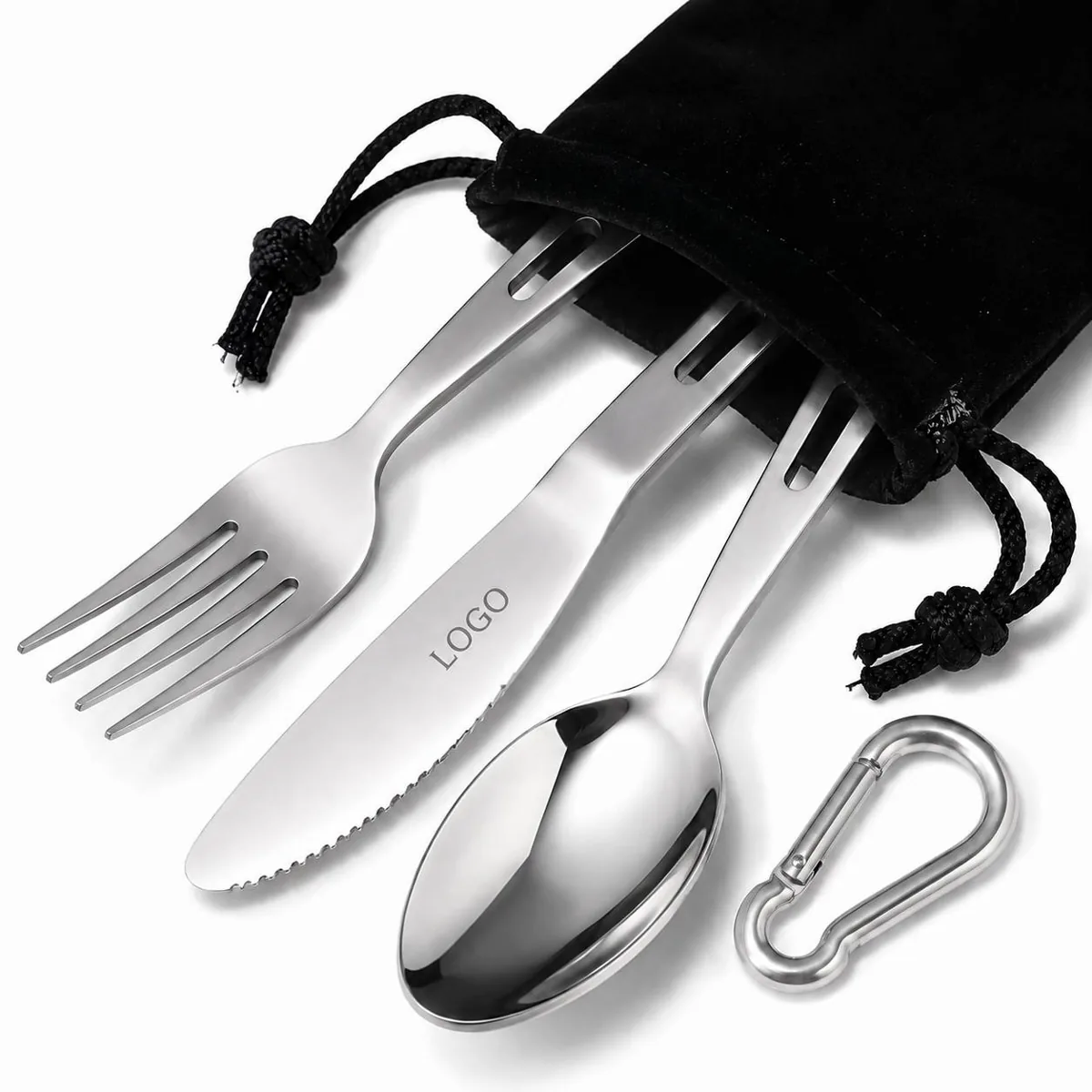 3-Piece Portable Cutlery Set with Carabiner & Pouch