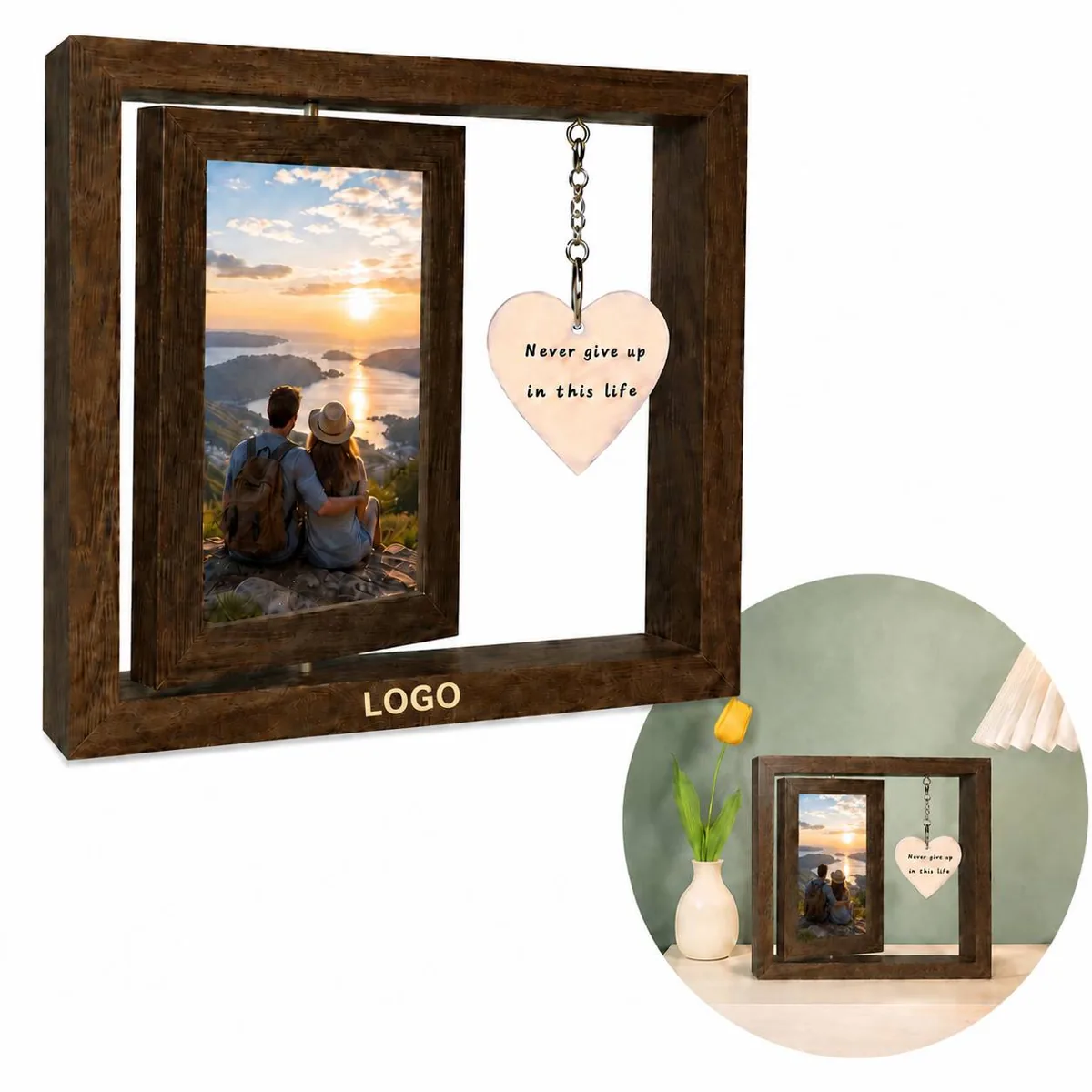 Custom Rotatable Double-Sided Photo Frame with Metal Pendant