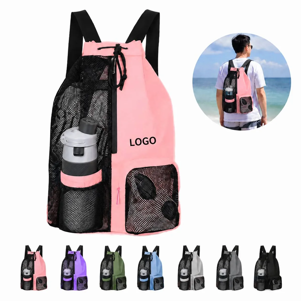 Custom Polyester Mesh Drawstring Backpack for Sports Travel