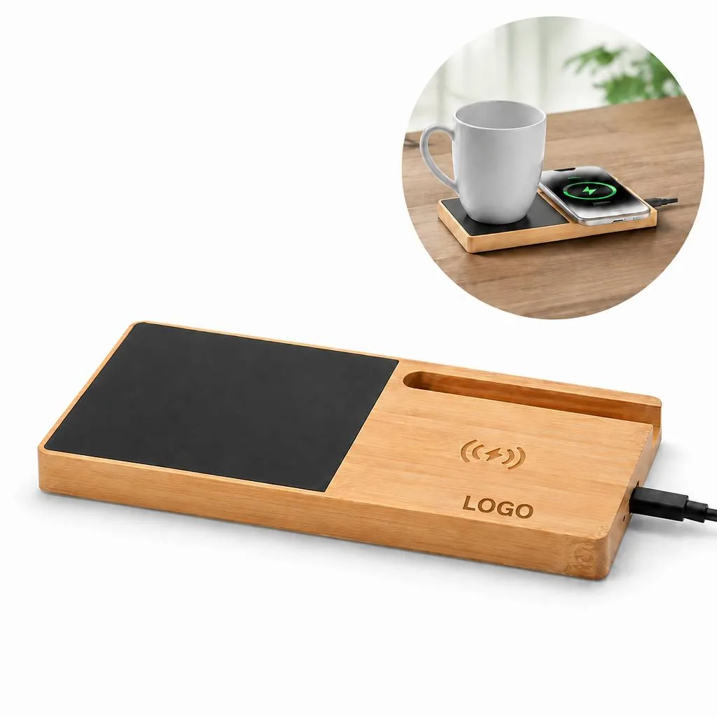 Bamboo Wireless Charger Stand with Mug Warmer