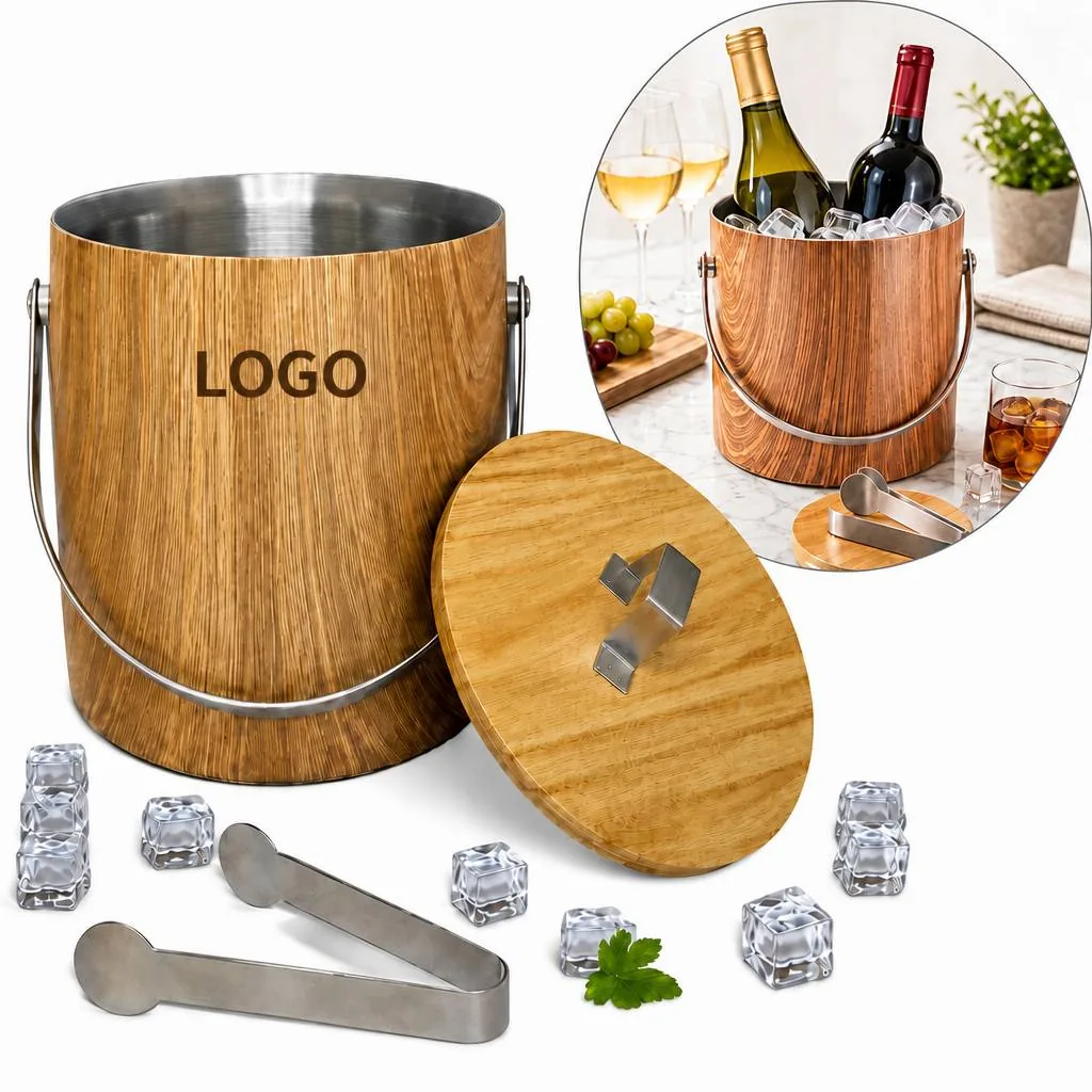 Double Wall Wooden Ice Bucket with Stainless Steel Tongs