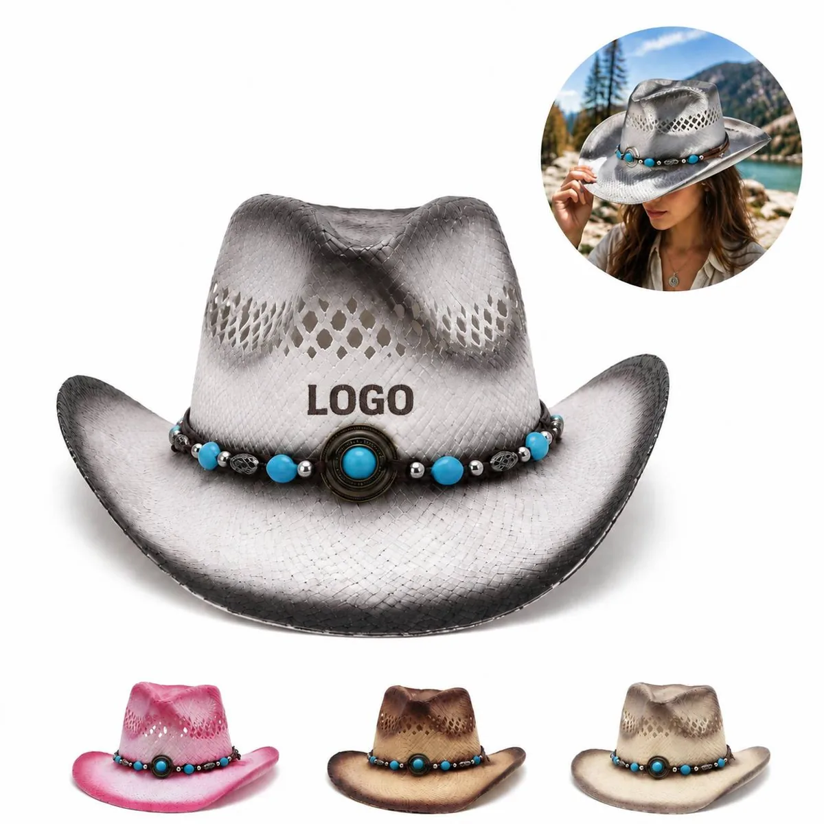 Women's Ombre Woven Straw Cowgirl Hat with Wide Brim