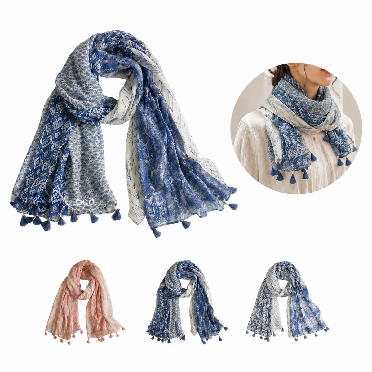 Lightweight Printed Shawl with Tassel Fringe