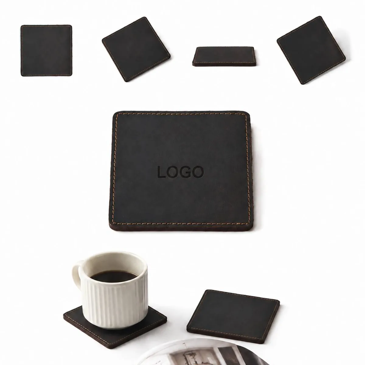 Debossed Genuine Leather Square Coaster Set