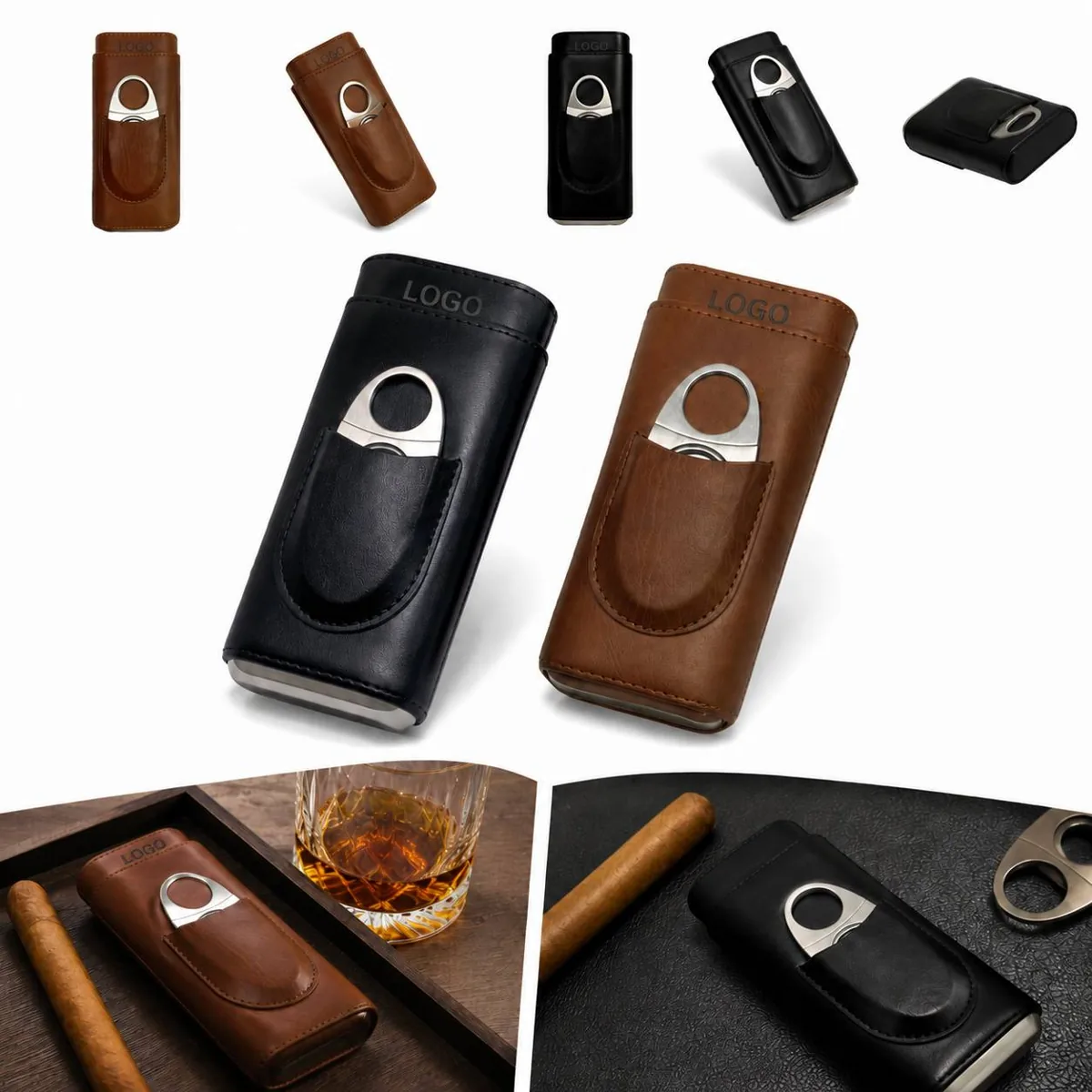 PU Leather 3-Finger Cigar Case with Built-in Cutter