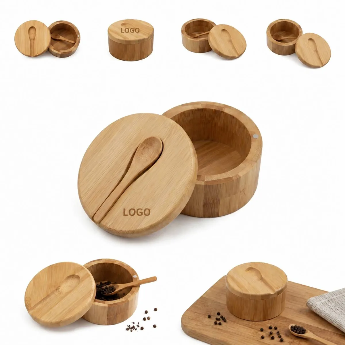 Bamboo Salt Box with Lid and Spoon, Eco-Friendly Kitchen