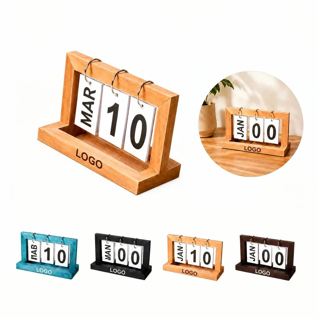 Wooden Perpetual Calendar for Desk, Compact Office Decor