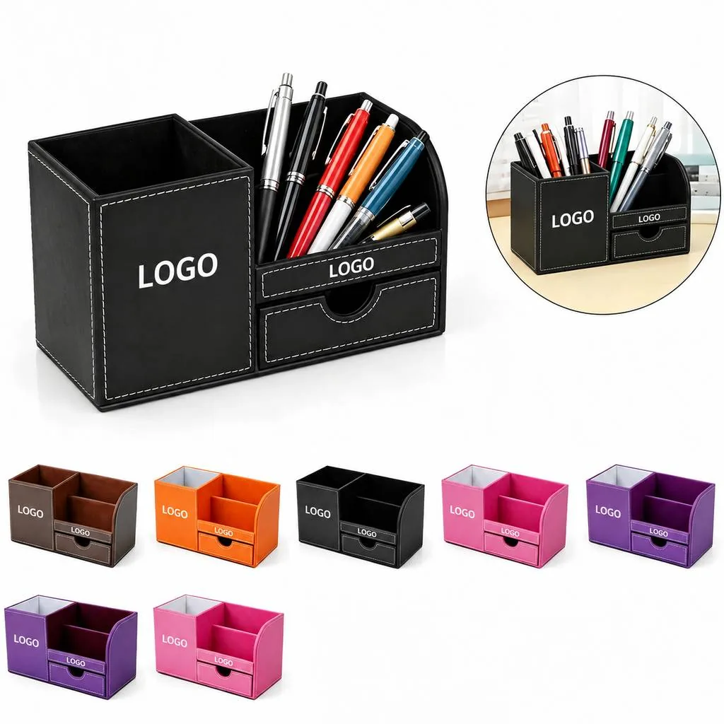 Multi-Compartment PU Leather Organizer Box for Desk and
