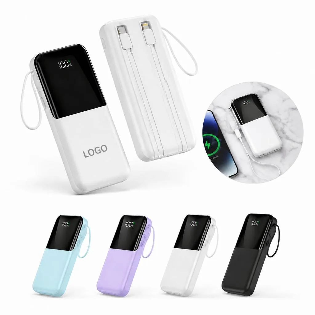 Portable Power Bank with Dual Built-in Cables Fast Charging