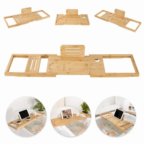 Adjustable Bamboo Bathtub Caddy with Side Grooves 2