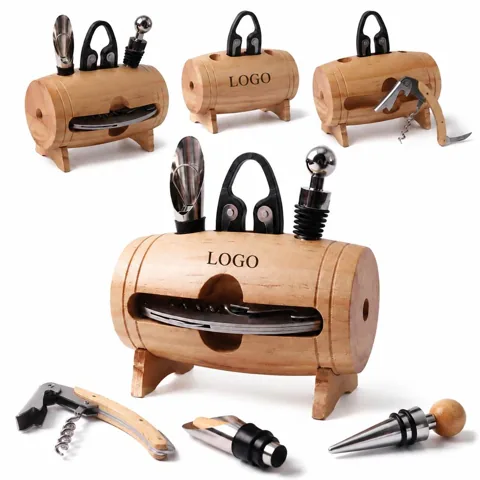 Wooden Barrel Wine Set with Corkscrew and Pourer 1