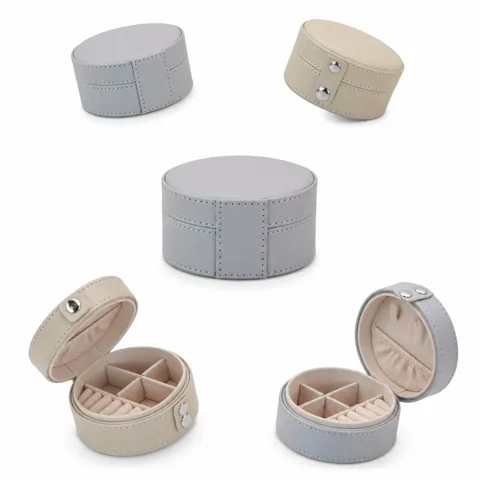 PU Mini Round Jewelry Box with Soft Lining, Compact Travel 2