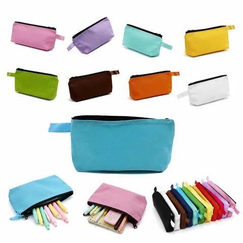Solid Color Canvas Pencil Case Storage Bag with Zipper 2