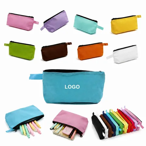 Solid Color Canvas Pencil Case Storage Bag with Zipper