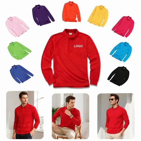 Men's Long Sleeve Cotton Polo Shirt with Chest Pocket