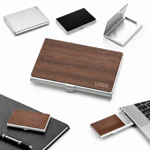 Walnut Metal Business Card Holder with Logo Engraving 1