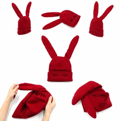 Knitted Bunny Ear Mask Hat with Eye Holes for Halloween 2