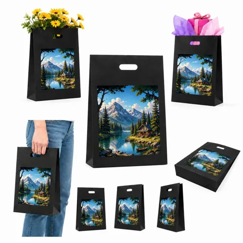 Matte Black Die Cut Plastic Gift Bag with Scenic Mountain 2