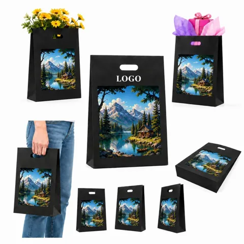 Matte Black Die Cut Plastic Gift Bag with Scenic Mountain