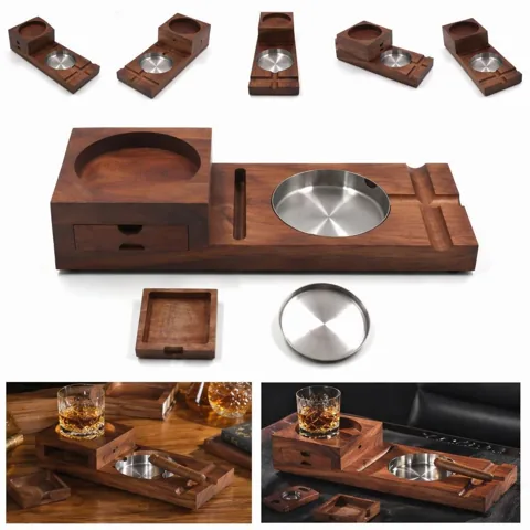Wooden Cigar Ashtray Set with Glass Holder for Home Patio 2