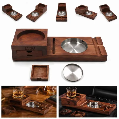 Wooden Cigar Ashtray Set with Glass Holder for Home Patio