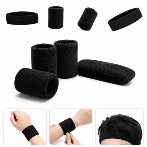Black Terry Cloth Sweatband Set for Sports, Absorbent 2